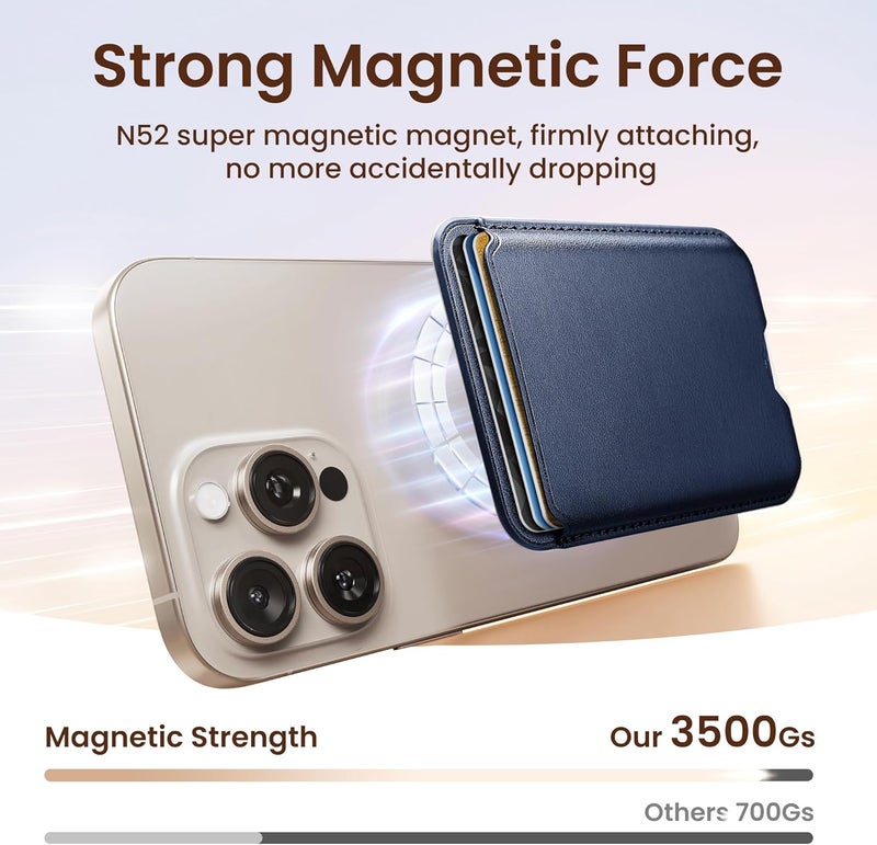 SOUNDBYTE Stronger Magnetic Wallet for iPhone 17/16/15/14/13/12 Series & for MagSafe Cases | N52 Magnet RFID Blocking Leather Magnetic Card Holder with Powerful Magnets | Holds 3 Cards | Navy Blue - Image 2